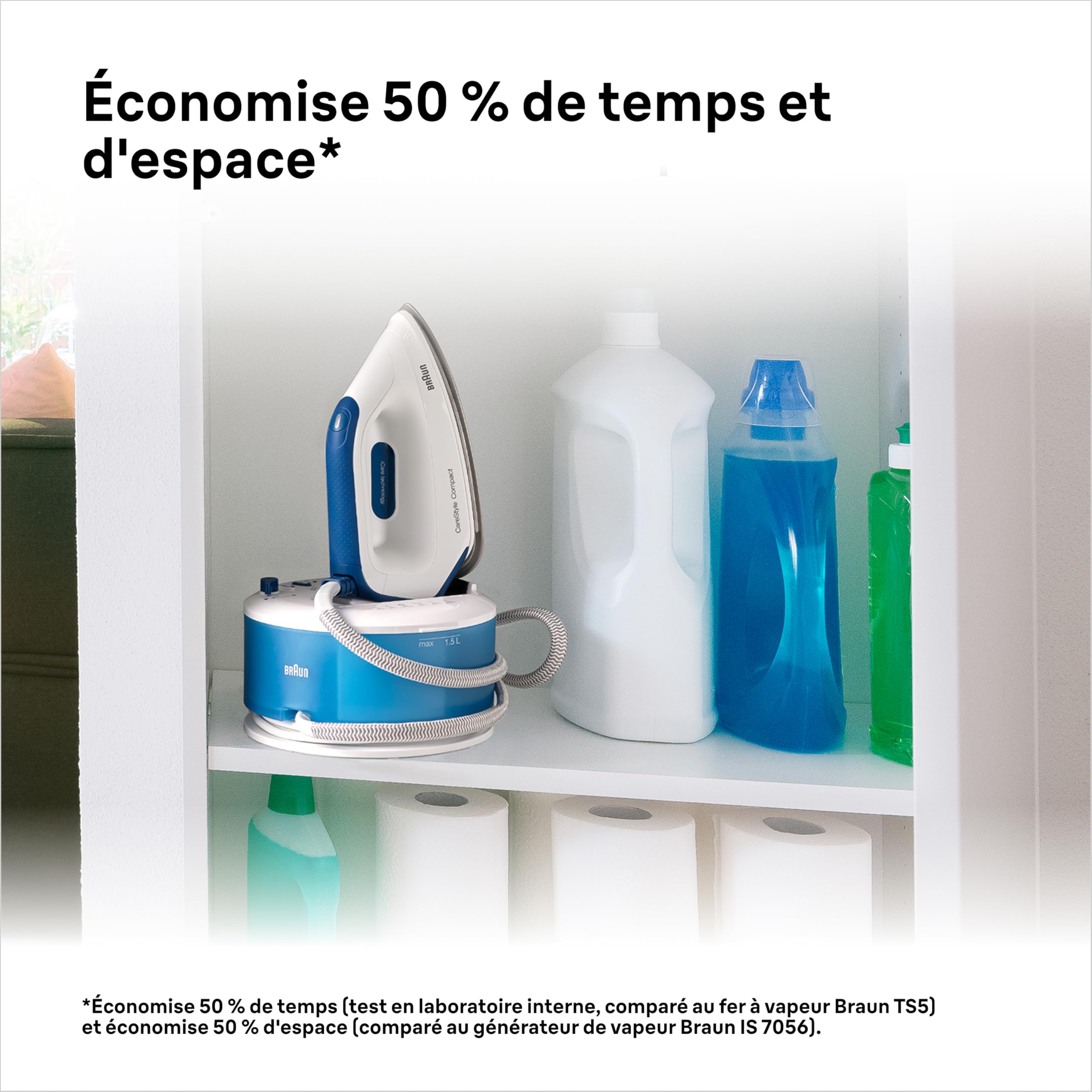 Braun CareStyle Compact - Centrale Vapeur Compacte avec Chaudière, Fer à Repasser Vapeur Puissant, Semelle EloxalPlus FreeGlide 3D, Débit Vapeur Jusqu’à 420g/min, Réservoir 1,5L, Blanc/Bleu (IS2143BL)