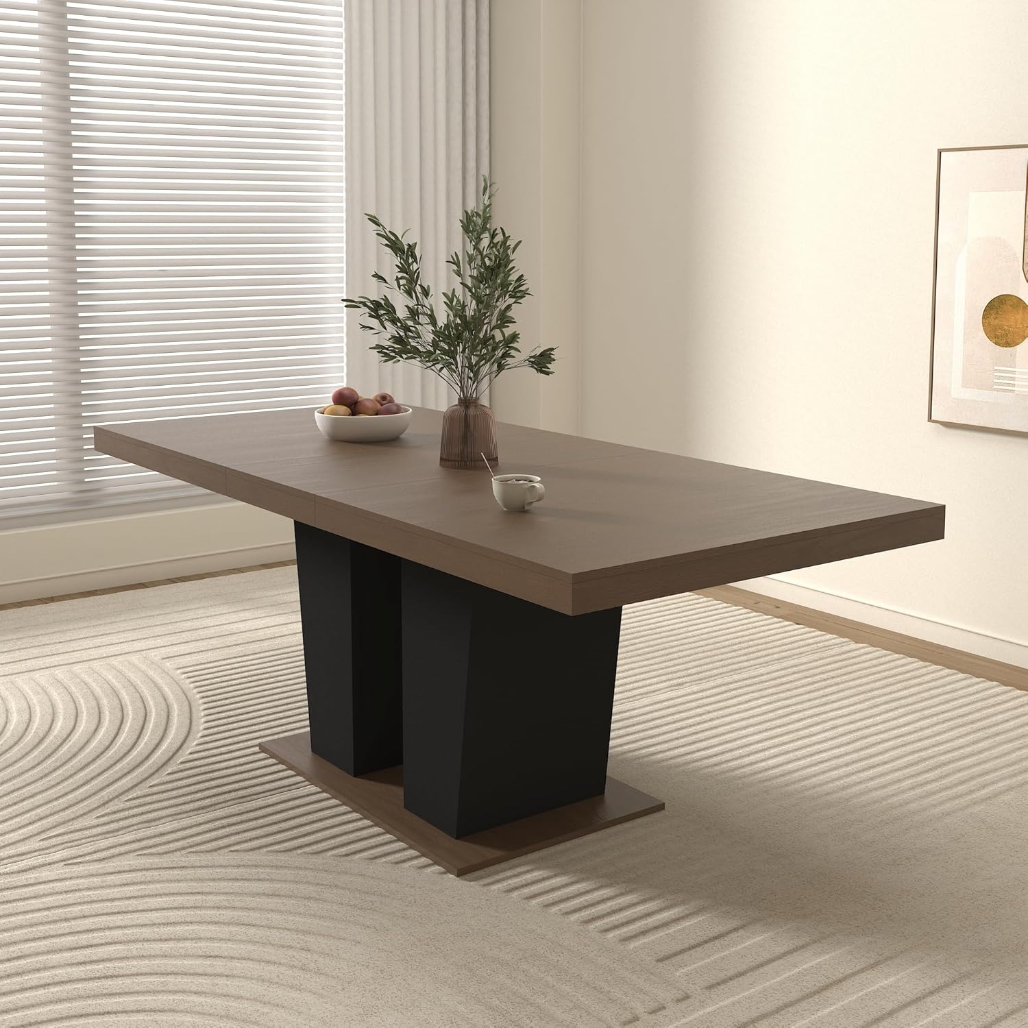 Extendable Dining Room Table for 6-10 People, Modern Wooden Dining Table with Black Double Pedestal Base, Transformer Kitchen Table with Thick Top, Large Expandable Table for Home