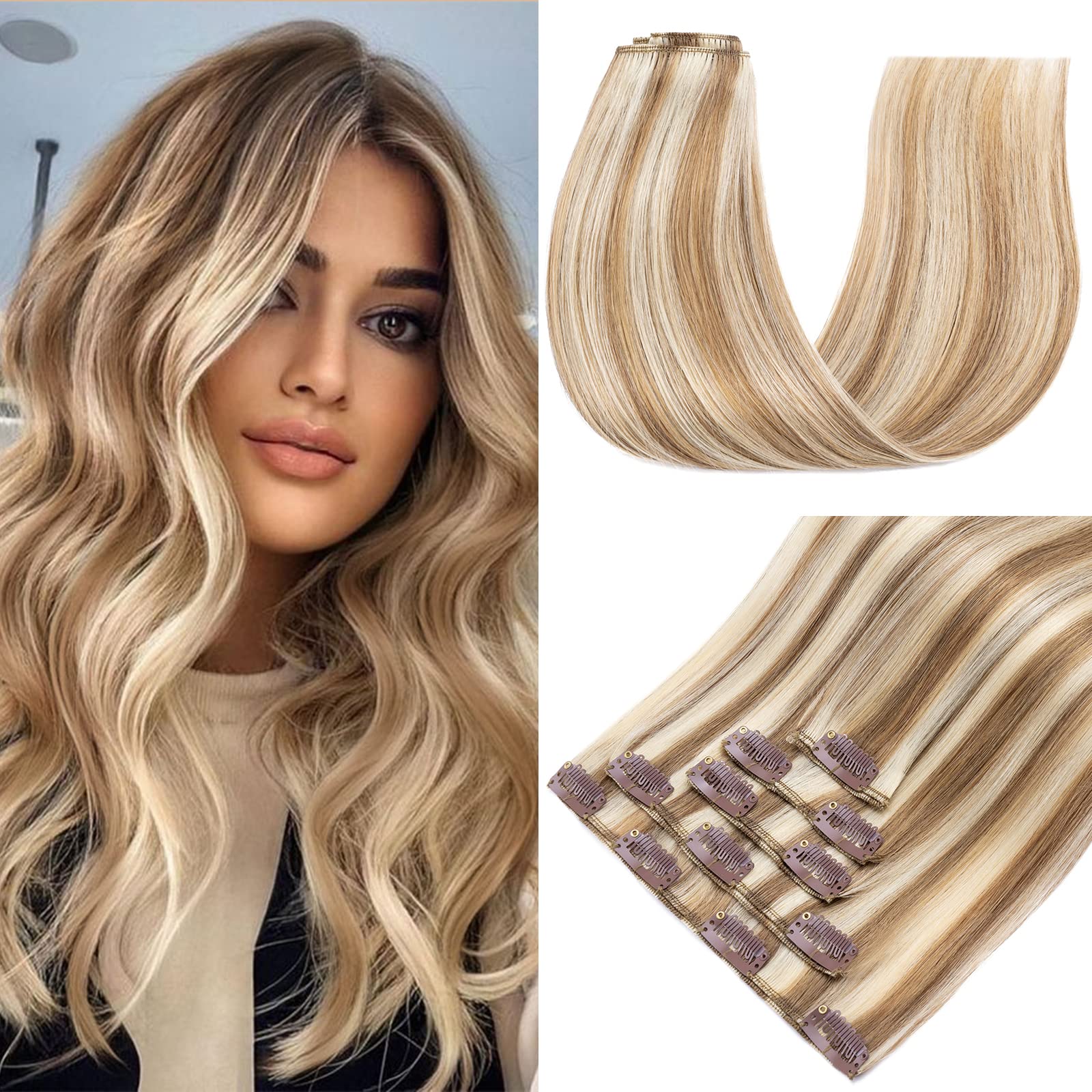 S-noilite Clip in Hair Extensions Real Human Hair Golden Brown/Bleach Blonde