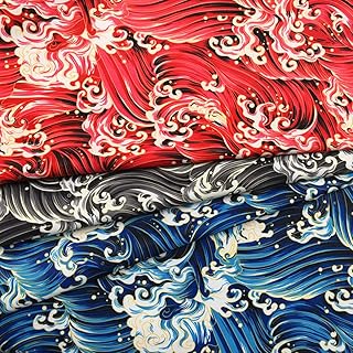 生地 和柄 波 赤 青 黒 切売カット はぎれ布 手芸生地 波モチーフ DIY ハンドメイド 着物 衣装 手作り布 バッグ 巾着袋 ポーチ 約90X145cm(青)