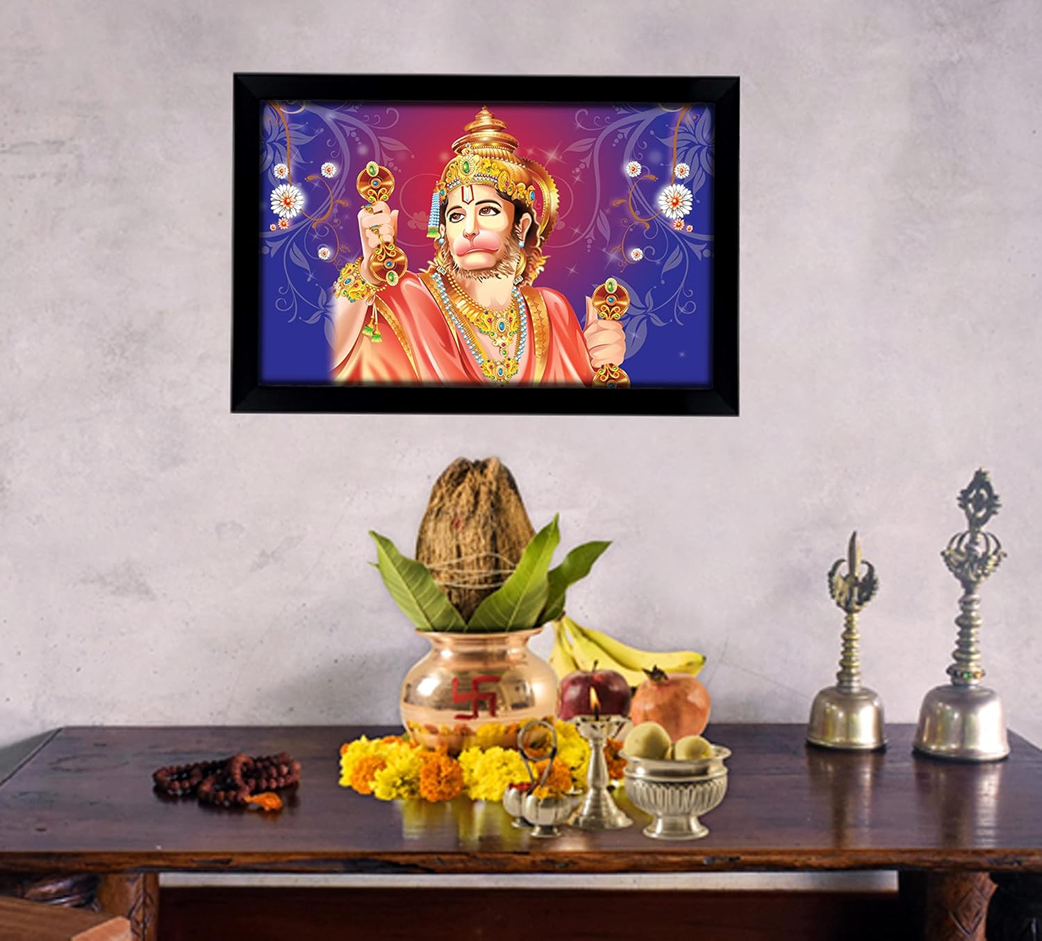 Lord Hanuman Singing Poster With Frame Religious Poster Black Wall Frame Deity Photo Frame Wall Decor For Home/Office/Temple