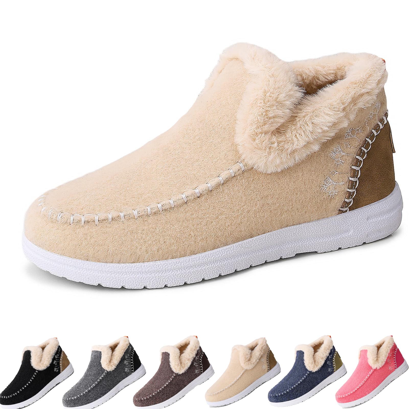 Women Winter Flat Fluffy Snow Boots Cozy Faux Fur Lined Slip-On Loafer shoes Anti-Slip Outdoor Plush Short Booties