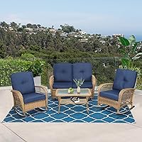 Vista 27 de VIVIJASON Silla mecedora de mimbre para exteriores, 2 piezas, sillas mecedoras de ratán para patio con cojines y marco de acero, muebles de mimbre