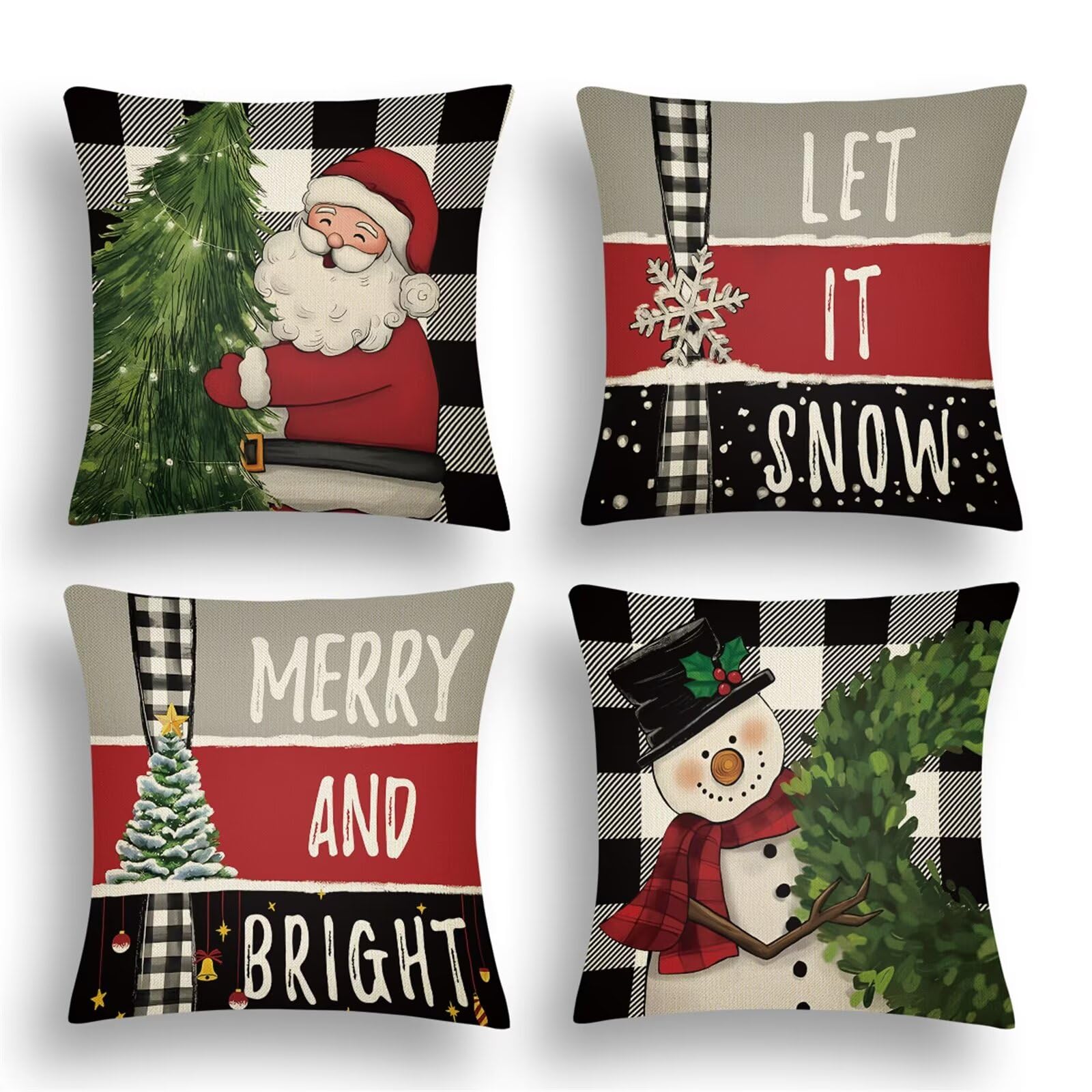 Natale Fodere per Cuscini 60x60cm 4 Pezzi Albero di Babbo Natale Cuscini Caso Federa, Copricuscini Natalizi, Invernale Natalizie Divano Decorativi di Natale per Divano Soggiorno Auto Natalizie Decor
