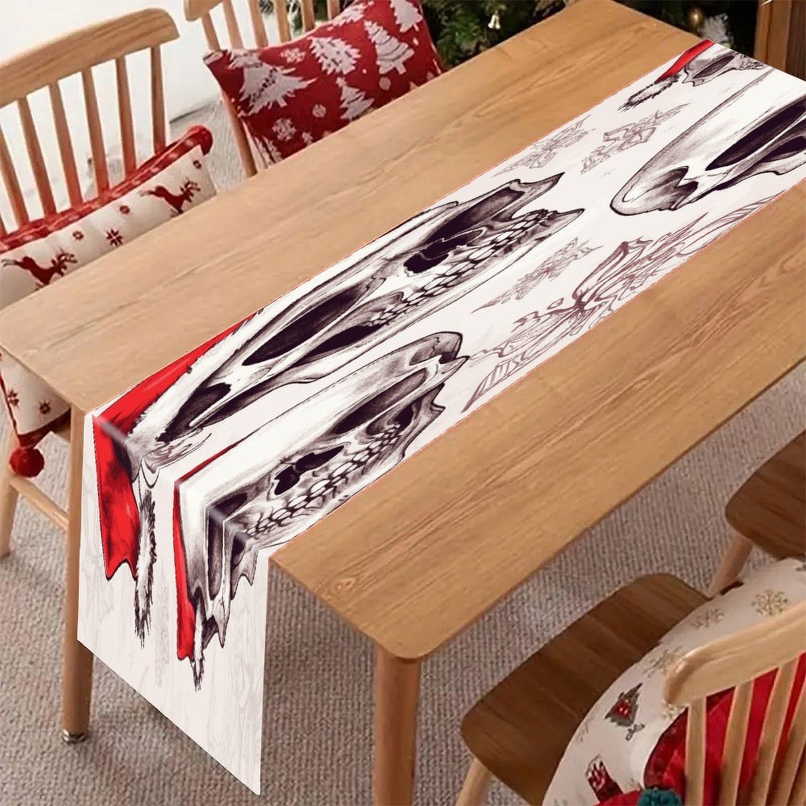Adfgyerh Style Sketchy Skulls Table Runner，Pure Linen Chambray ,Boho Table Runner，Heavy Duty Washable Fabric Decorations ，For Party Kitchen Dining Table Coffee Holiday Party Decor (12X70.87 Inches)
