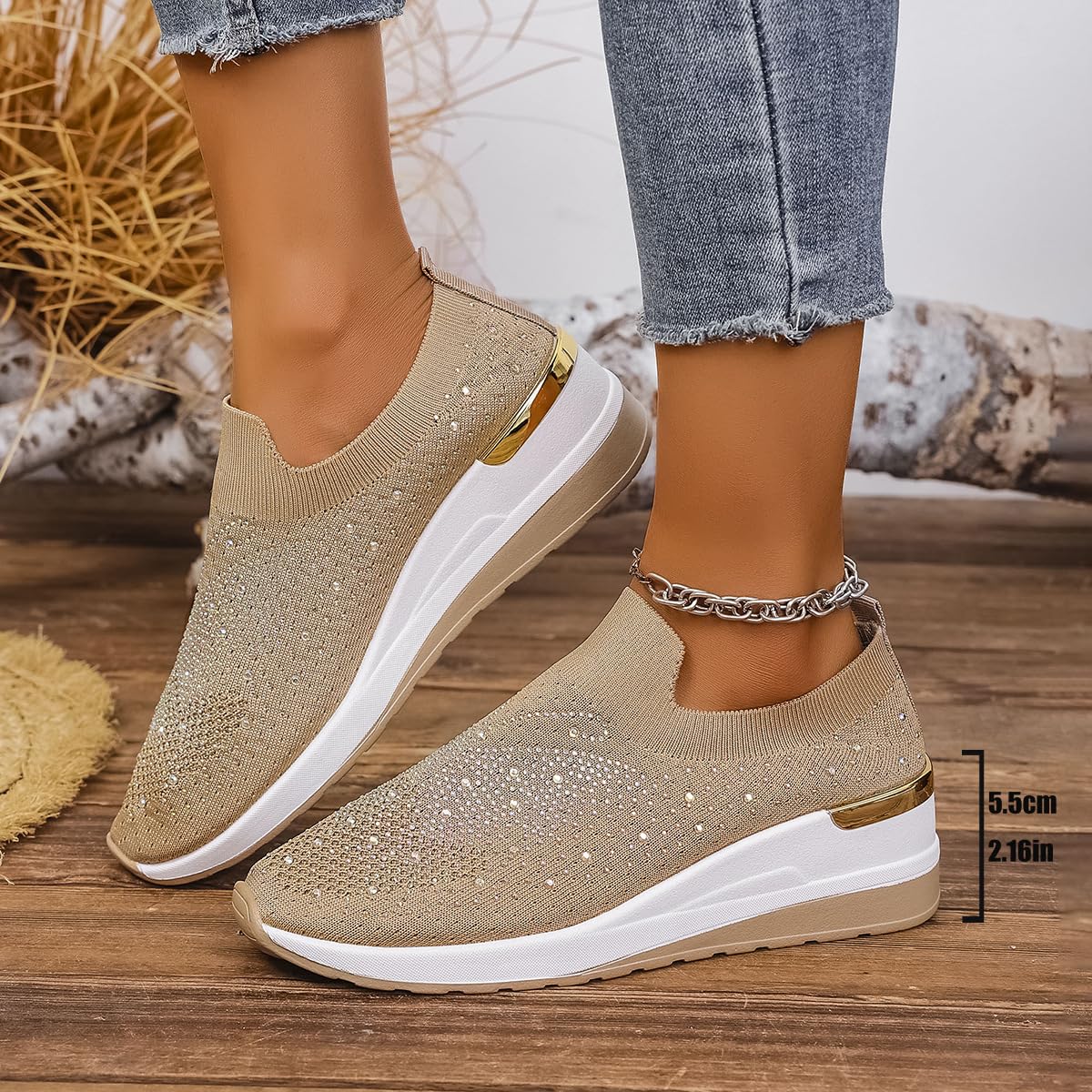 Spakle - Sneaker da donna con zeppa e strass, slip-on