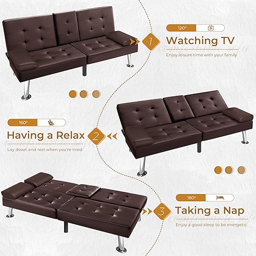 Miniatura 23 de VICTONE Sofá cama futón moderno de piel sintética, sillón reclinable plegable convertible para sala de estar con 2 portavasos y reposabrazos (negro)