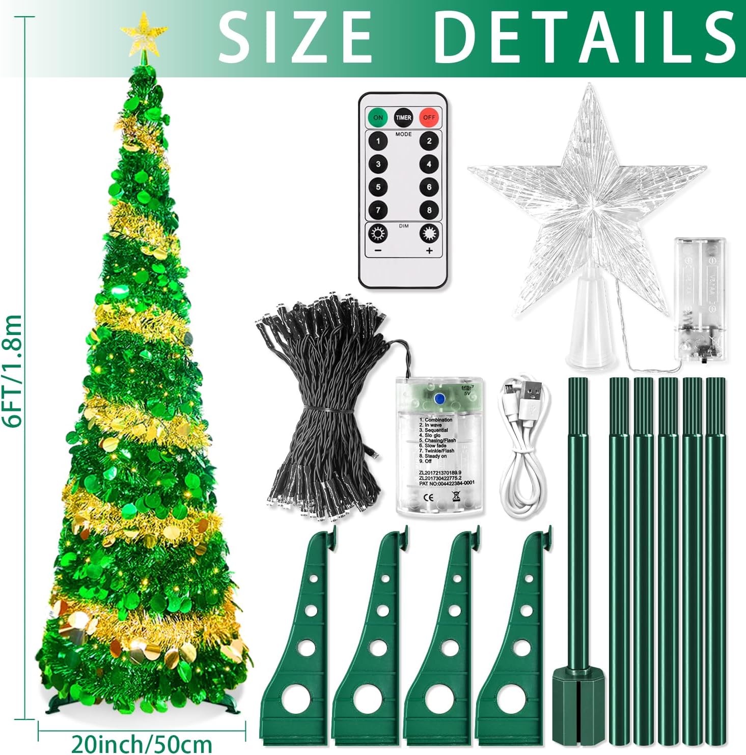 6FT LED Collapsible Christmas Tree with 100 pcs Warm White Lights, Pop Up Sequin Christmas Tree with Timer&8 Lighting Modes, Slim Pencil Tinsel Lighted Christmas Tree for Home Decor-GreenGold