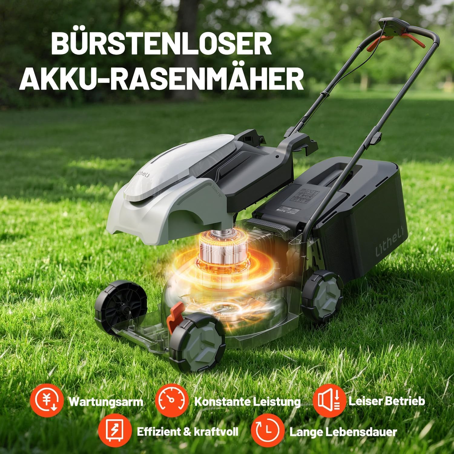 Litheli Akku Rasenmäher 5,0Ah, 20V/33cm Schnittbreite, bis 300 m², 35L Fangkorb, 25-65 mm Schnitthöhe, inkl. 5,0 Ah Akku