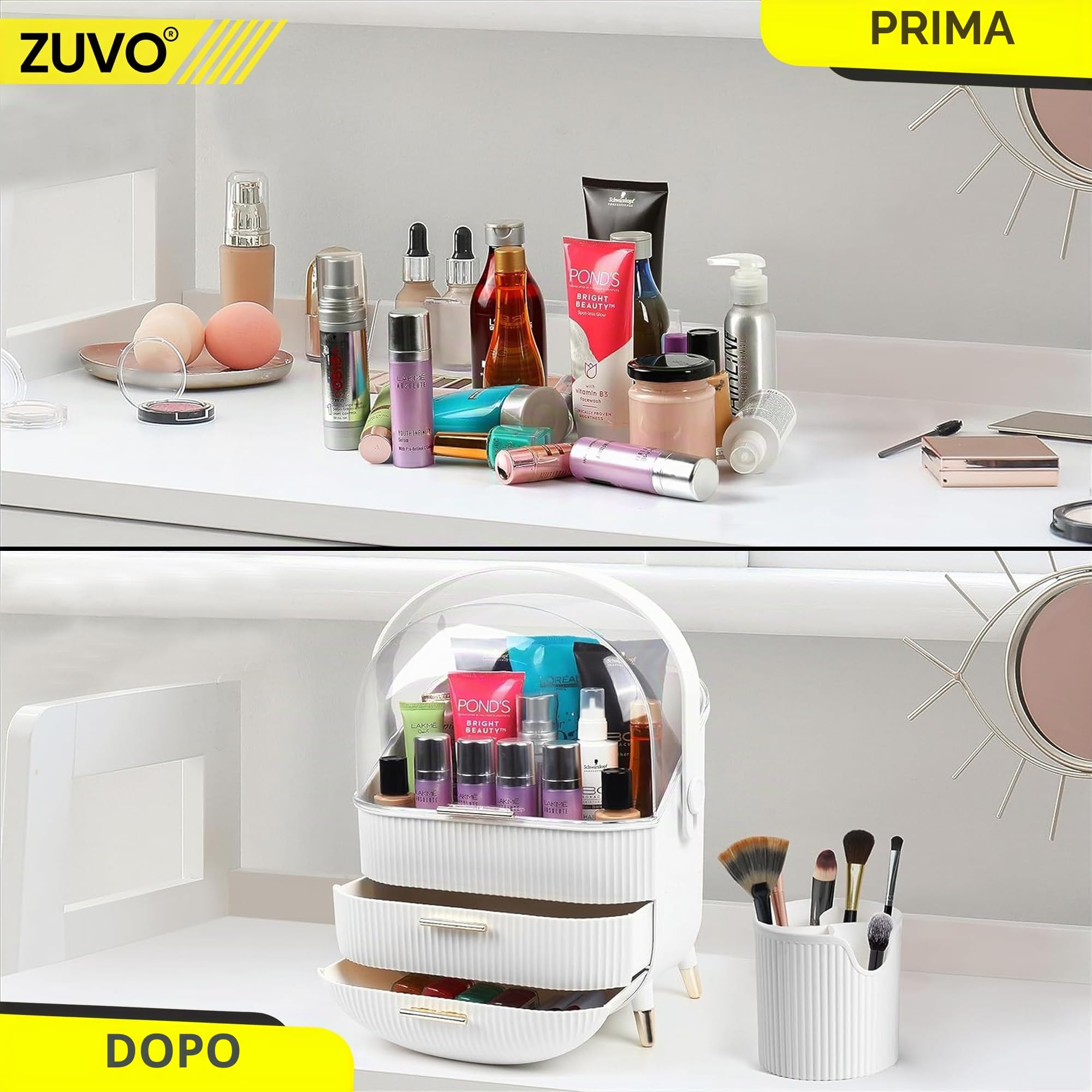 Zuvo Organizer per trucchi con 2 grandi cassetti, espandibile per cosmetici e prodotti per la cura della pelle e la toeletta, colore bianco, elegante e durevole