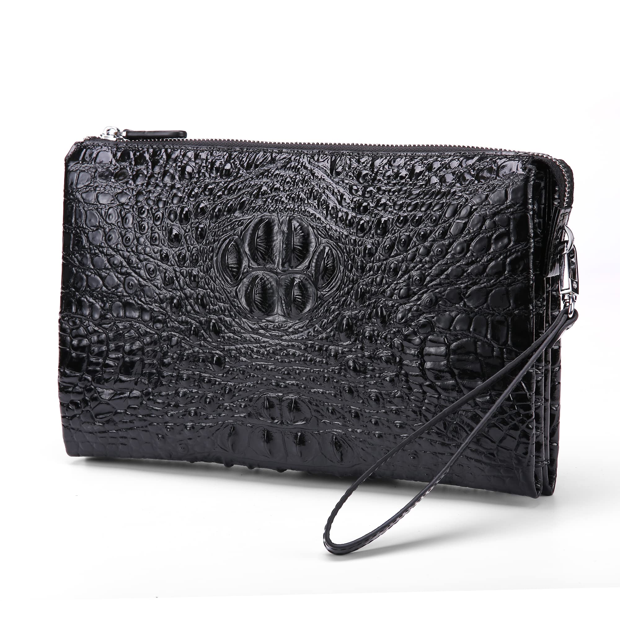 Pochette da uomo in vera pelle borsa da polso borsa busta borsa coccodrillo goffrato portafogli con cerniera personalizzata…, nero-02, grande,, Nero-02, Large