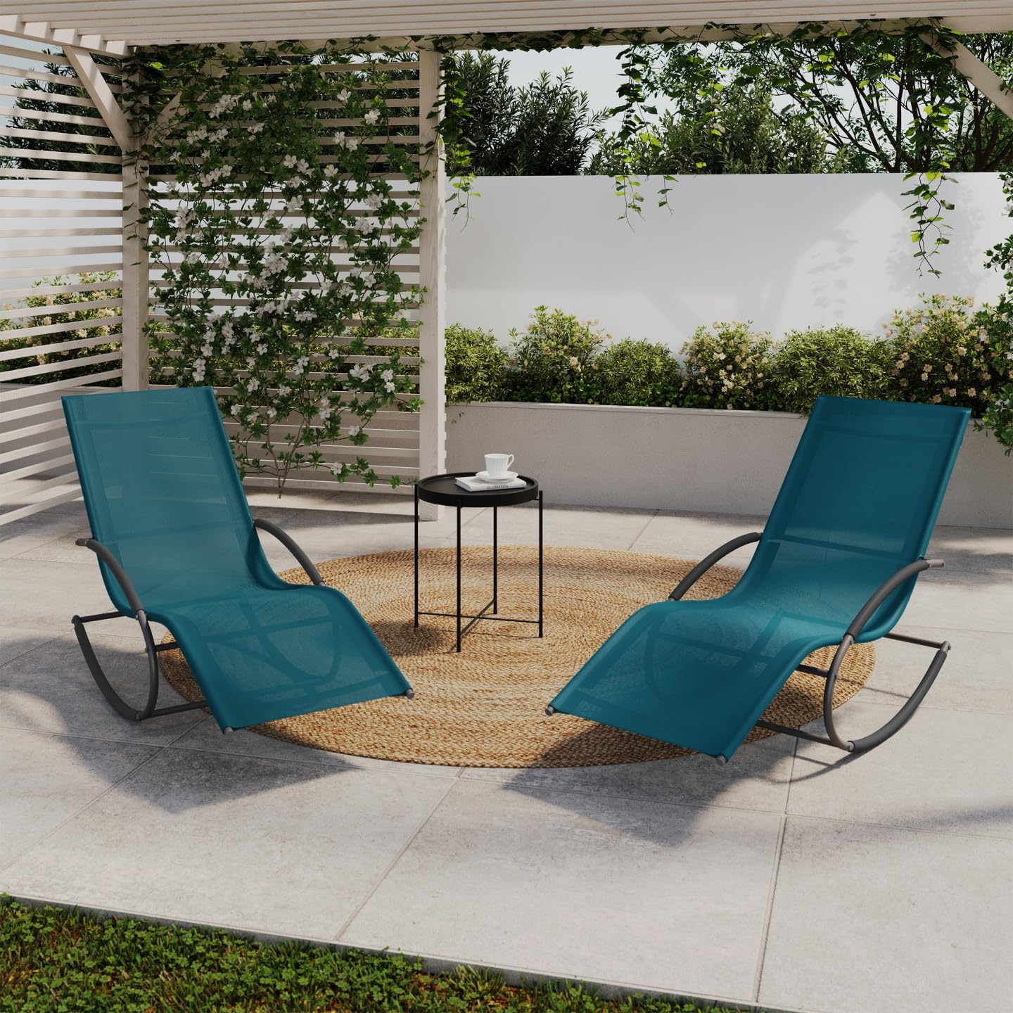 IDMarket – Juego de 2 tumbonas – Tumbona de jardín con mecedora Malawi gris antracita y lona azul pato