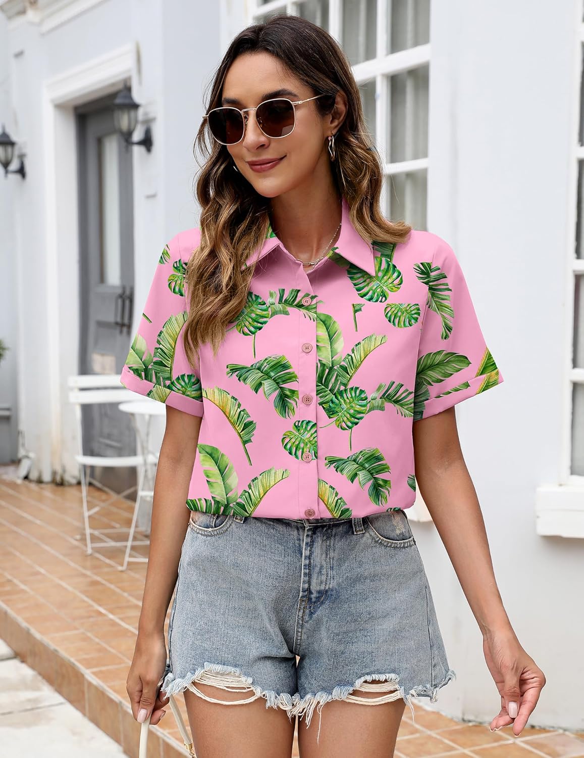 Zeagoo Vacation Tropical Plant Print Short Sleeve Casual Shirt Cute Summer V Neck Button Down Blouse - Image 3