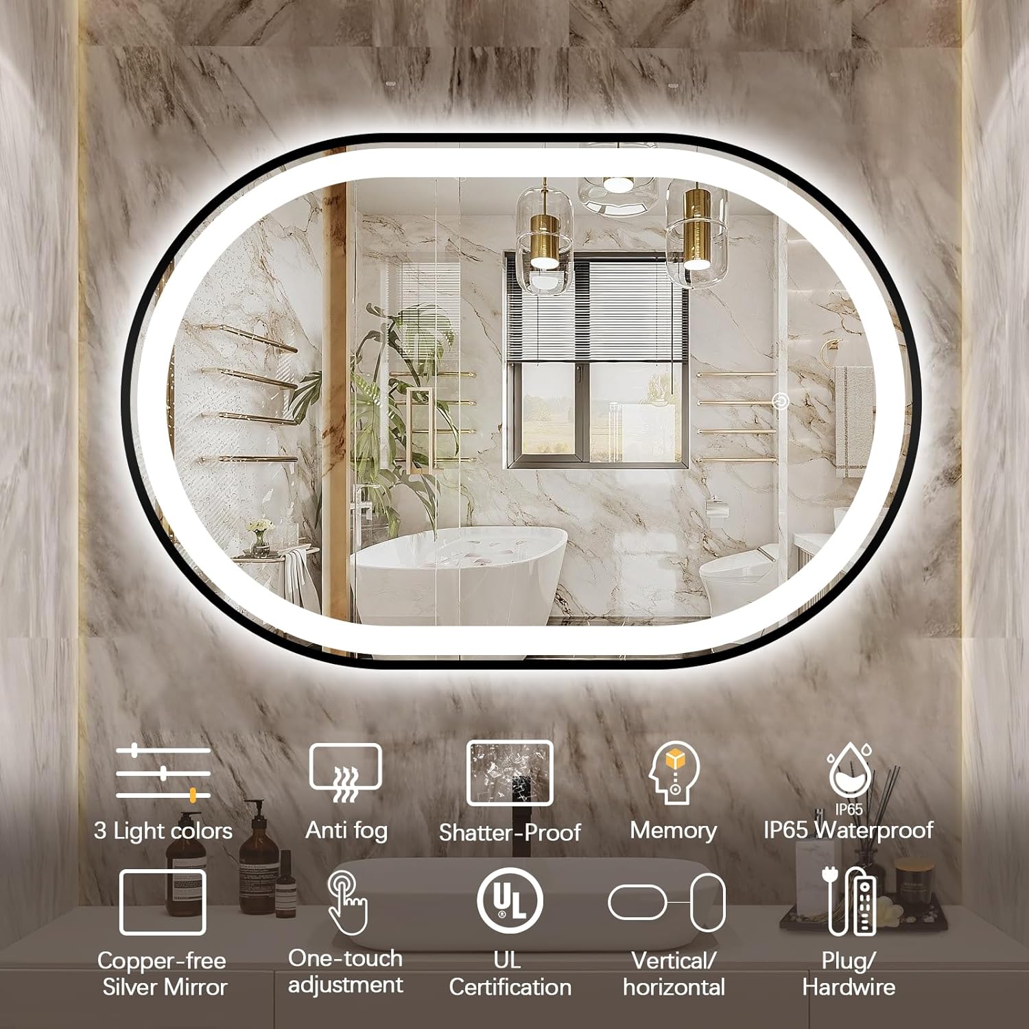 Image detailing the mirror's components: HD Copper-free mirror, 5mm Thickness Glass, and 120 LED Beads/m, along with the 24-inch width and 36-inch length dimensions.