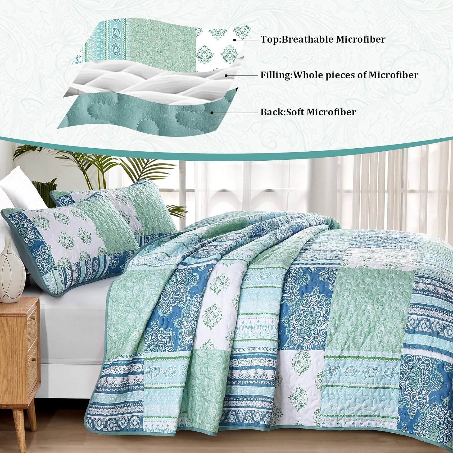 Dintszyayue Green Patchwork Quilt Set Queen Size 3 Piece Boho Plaid Coverlet Set Soft Microfiber Bedspread Queen Lightweight Bedspread Bed Cover for All Season,1 Quilt and 2 Pillow Shams-96 x90 - Image 6