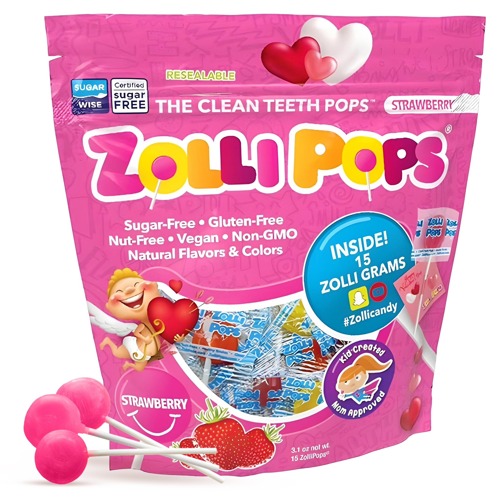 Zollipops Clean Teeth Pops Sugar Free Candy with Xylitol, Dye-Free Lollipops - Keto & Diabetic-Friendly, Dentist-Approved Treats for Kids (Valentine's Day Strawberry 3.1 oz)