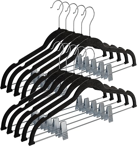 Home-it pack de 10 colgadores para ropa con pinzas negro aterciopelado para faldas pantalones Ultra finos con antiderrapante