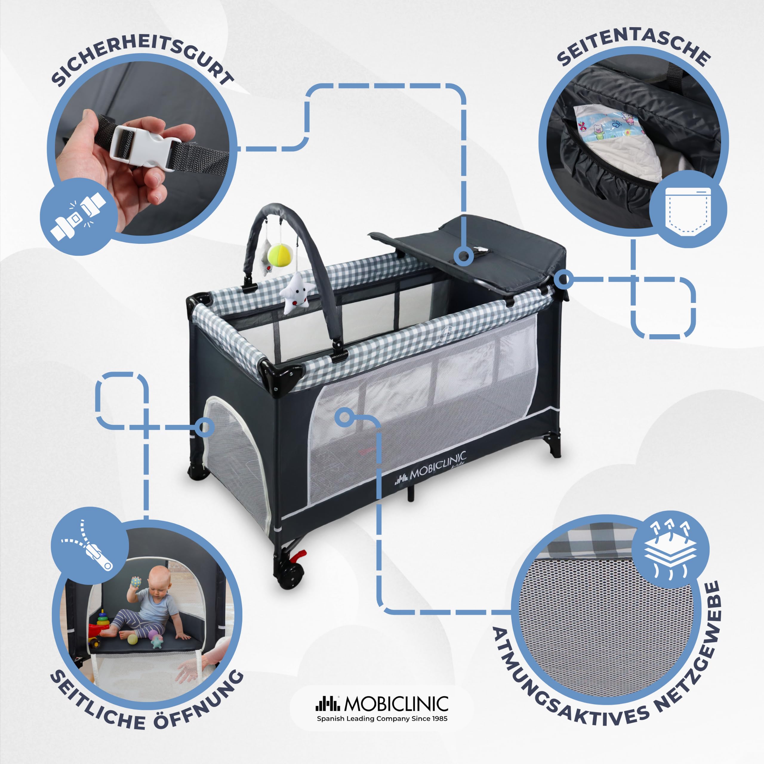 Mobiclinic®, Babybett beistellbett 3 in 1, Wickeltisch, Laufstall, Luftige seitenwände mit seiteneingang, Caelum, Max. 15 kg, Räder Bremse, Atmungsaktiver Stoff, Aufbewahrungstasche
