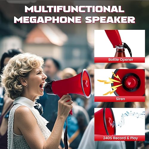 Miniatura 4 de MyMealivos Megáfono portátil Bullhorn de 20 vatios de potencia megáfono altavoz modos de voz y sirenaalarma con control de volumen y correa (rojo)