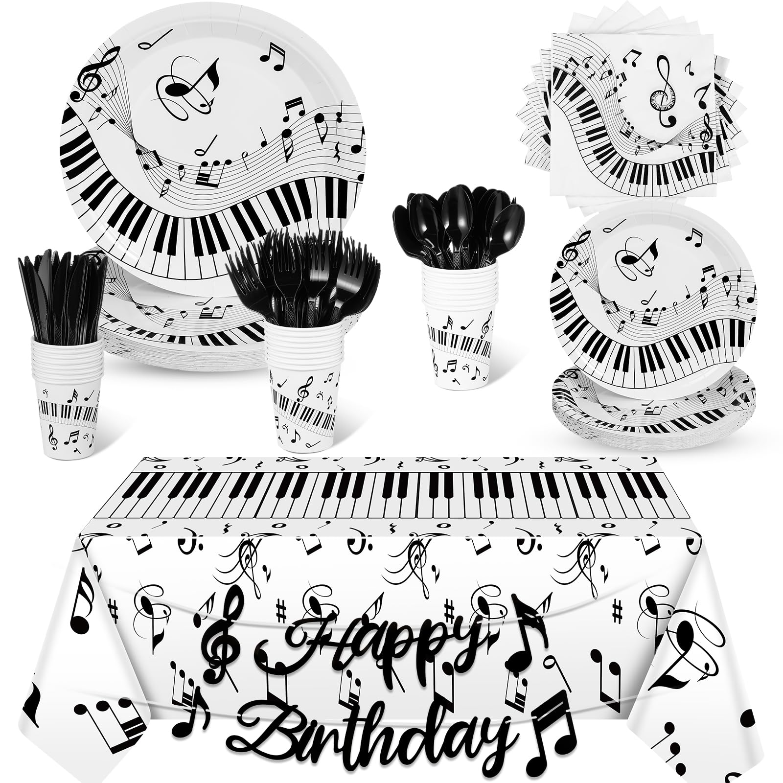 Tioncy 171 Pieces Musical Party Supplies Disposable Musical Notes Tableware Set Serves 24 with Plates Napkins Cups Banner Plastic Musical Tablecloths