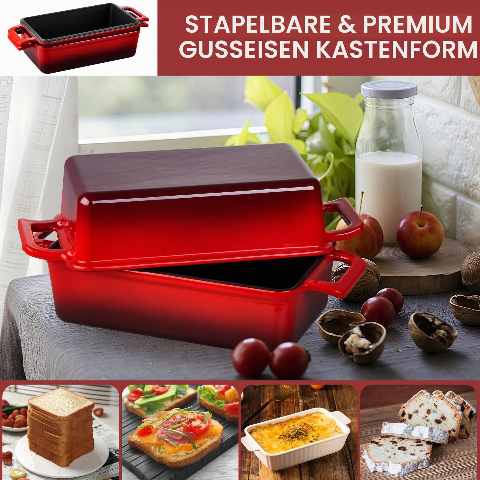 Leonyo Gusseisen-Brotpfannen-Set, 22,9 x 12,7 cm, Emaille, Rot | 2-in-1 Dutch Oven für selbstgemachtes Brotbacken, ofenfest & bis 260 °C erhitzen