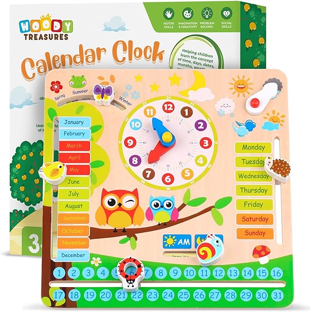 Woody Treasures Teaching Clock + Kids Calendar - Wooden Toy for Children Ages 3 & Up, Learn to Tell the Time Clock, Date, Weather, Educational Toys for Toddlers / Preschoolers, Girls & Boys