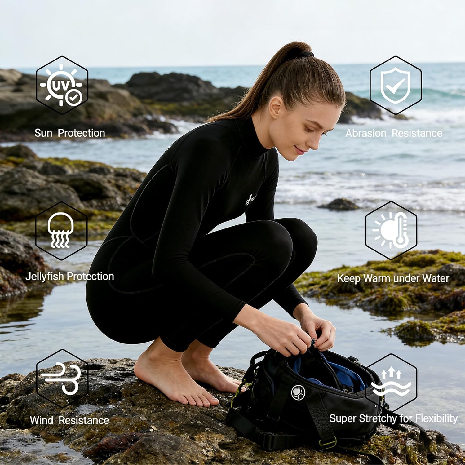 Wetsuit for Women Full Body 2MM Neoprene Wetsuits Diving Suit in Cold Water,Long Sleeves BackZip Wetsuits One Piece Thermal Swimsuit for Surfing Snorkeling Kayaking Swimming Canoeing
