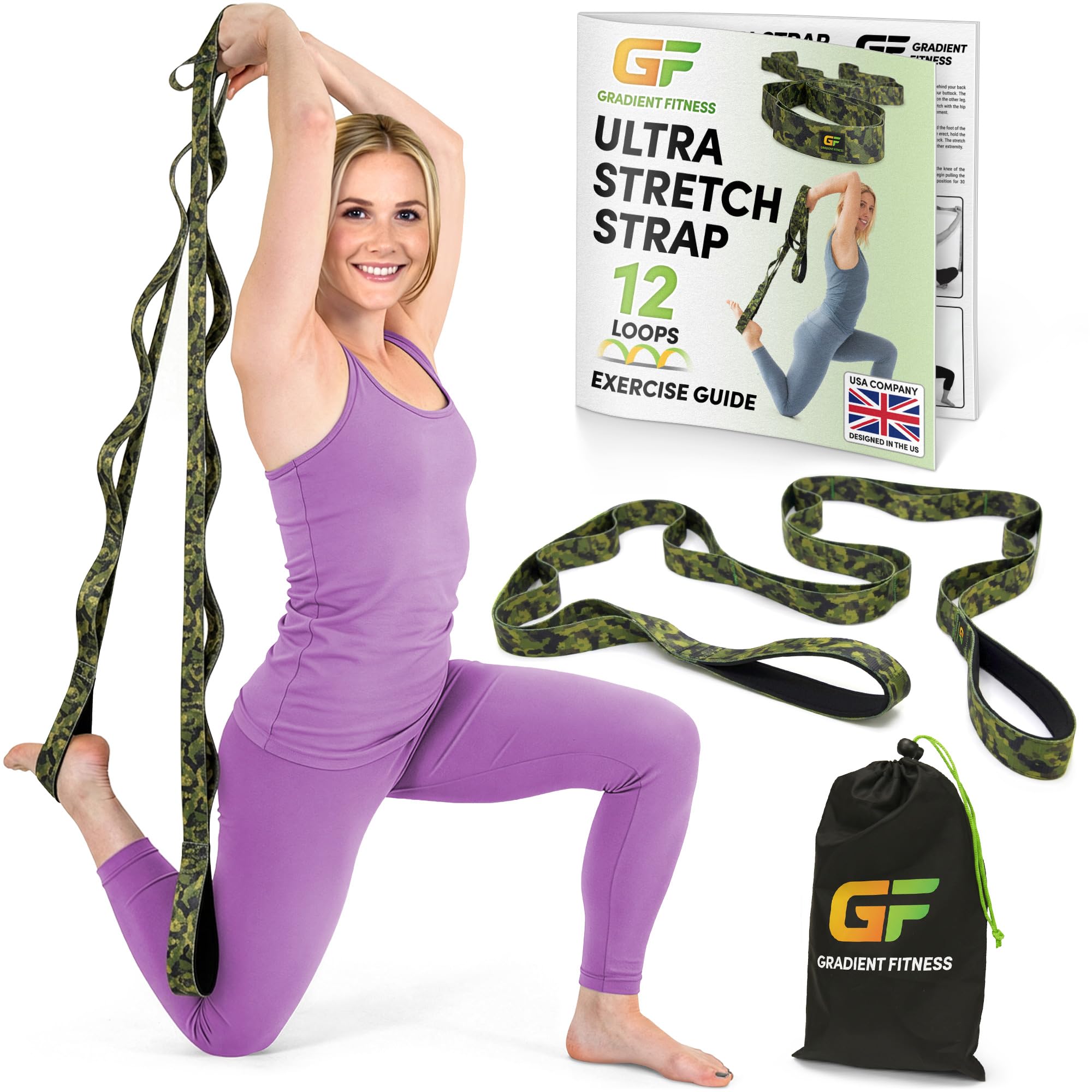 Gradient Fitness Stretching Strap for Physical Therapy, 12 Multi-Loop Stretch Strap, Neoprene Handles, Physical Therapy Equipment, Yoga Straps for Stretching, Leg Stretcher (Camo)