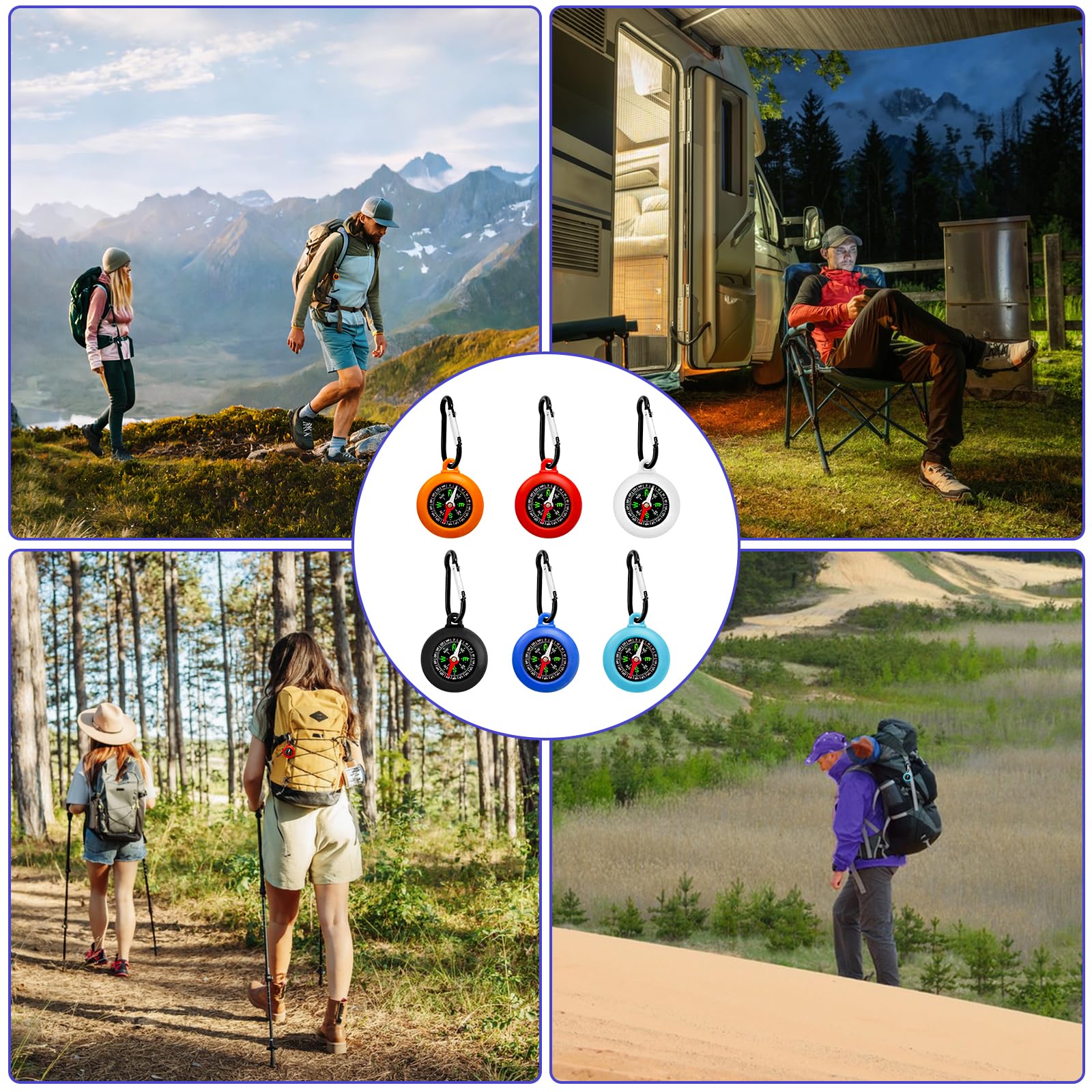 6 Pièces Boussole Enfant Porte clés, Mini Boussole Étanche avec Mousqueton pour Cadeau Anniversaire, Chasse au Trésor, Camping et Navigation en Plein Air