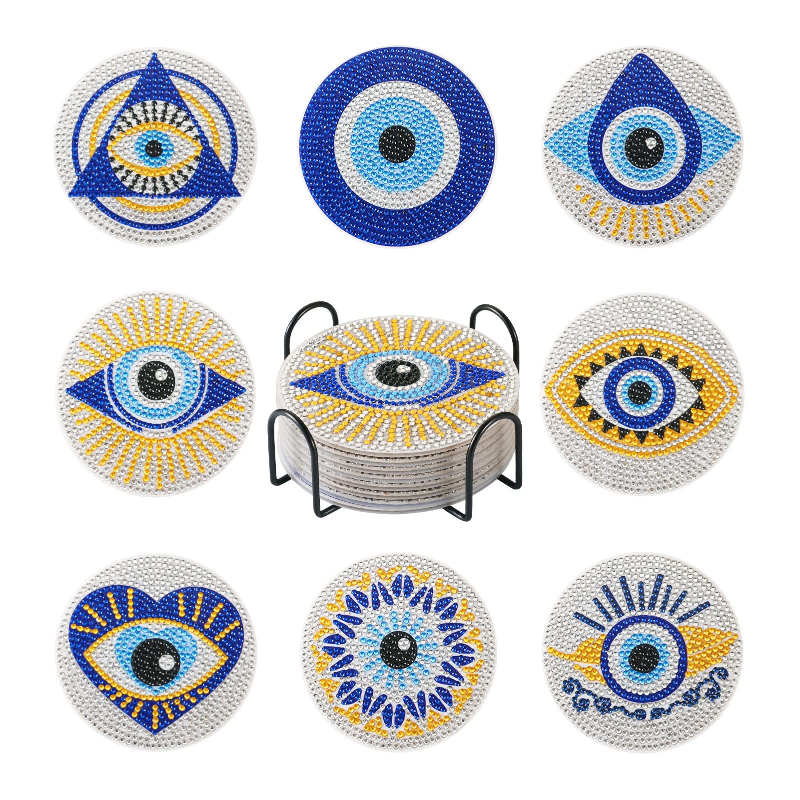 BB Beadthoven 8pcs Boho Evil Eye Diamond Painting Coasters with Holder, DIY Coaster for Drink Cup Mat 5D Diamond Art Coasters Kit for Beginners Adults
