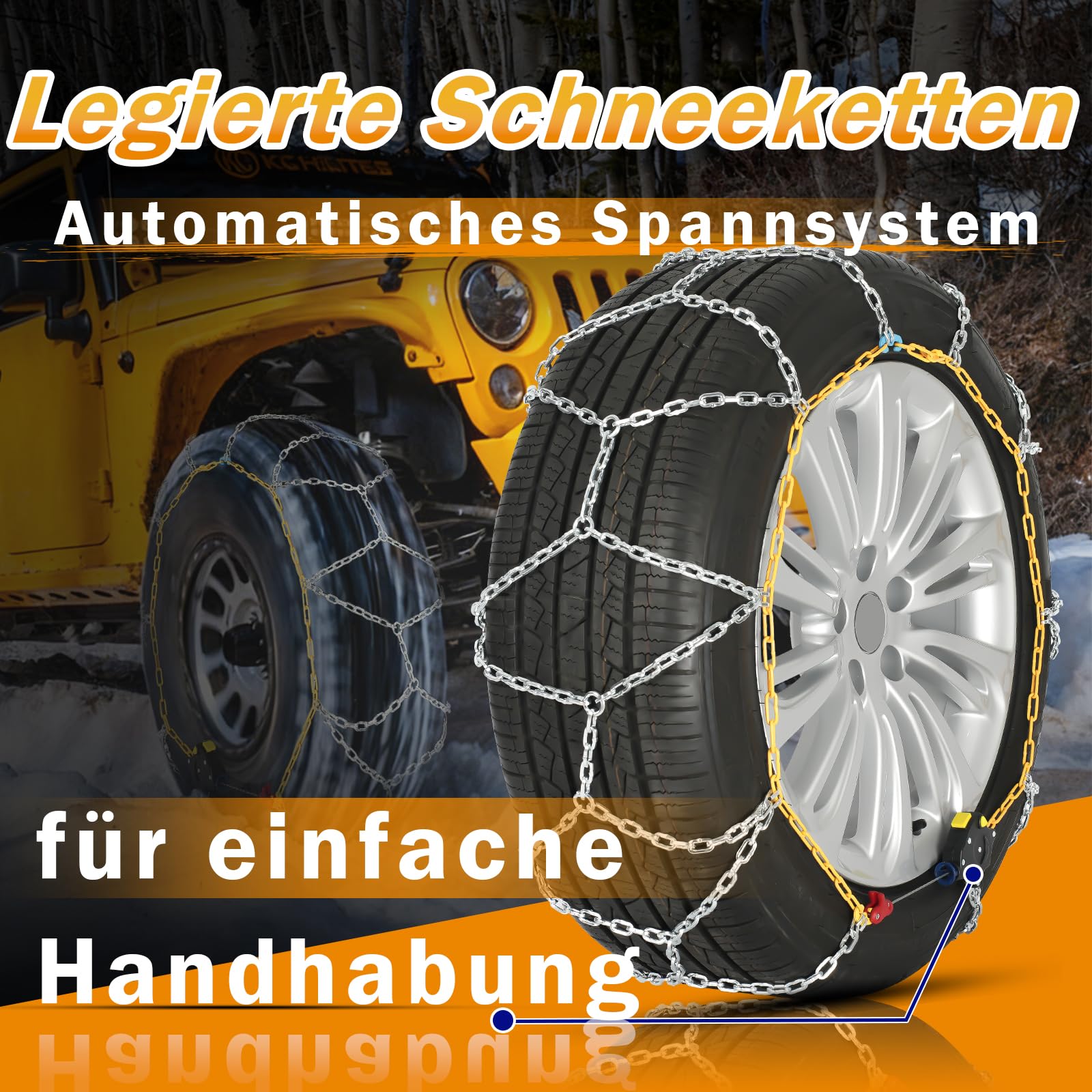 Schneeketten Auto-Fixierung 1‑Min Schnellmontage Leichte Installation Reifenketten, Tragbar Wiederverwendbar Universelle Notfall-Reifentraktionskette für PKW, Pickup-Trucks und SUV – 2er‑Set(HKN-100)