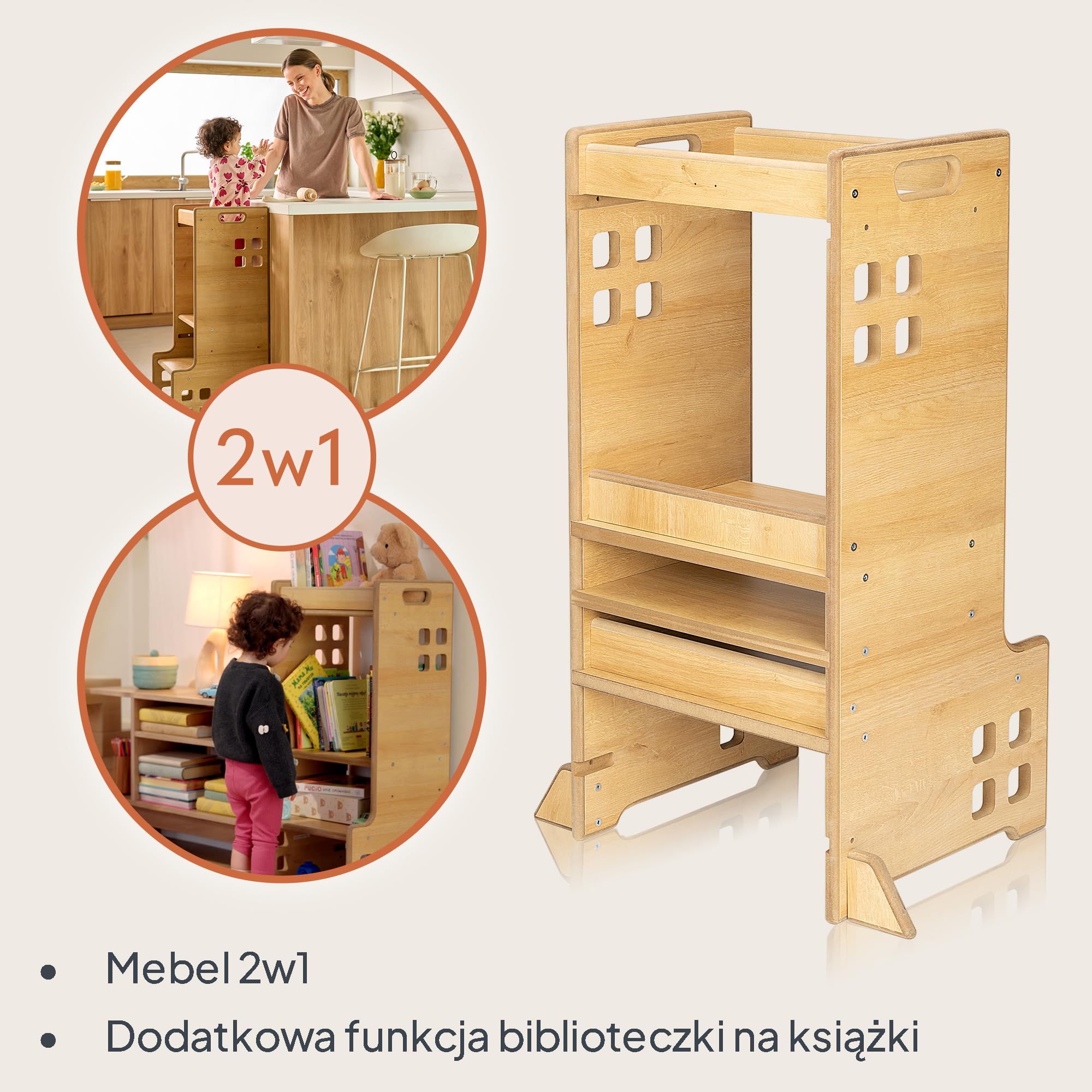 LIONELO CASS Kitchen Helper 2w1 Wieża Edukacyjna Montessori Od 1 Roku Regulacja Wysokości Barierka Ochronna Stabilny Stołek Do Kuchni Pólka na Książki Biblioteczka Do 30 Kg