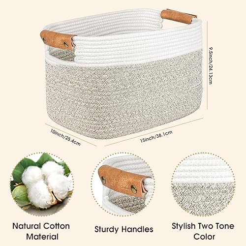 Miniatura 2 de AivaToba Cesta de cuerda de algodón, cesta de almacenamiento para organizar, cesta tejida de 15 x 10 x 9.5 pulgadas con asas, cestas organizadoras