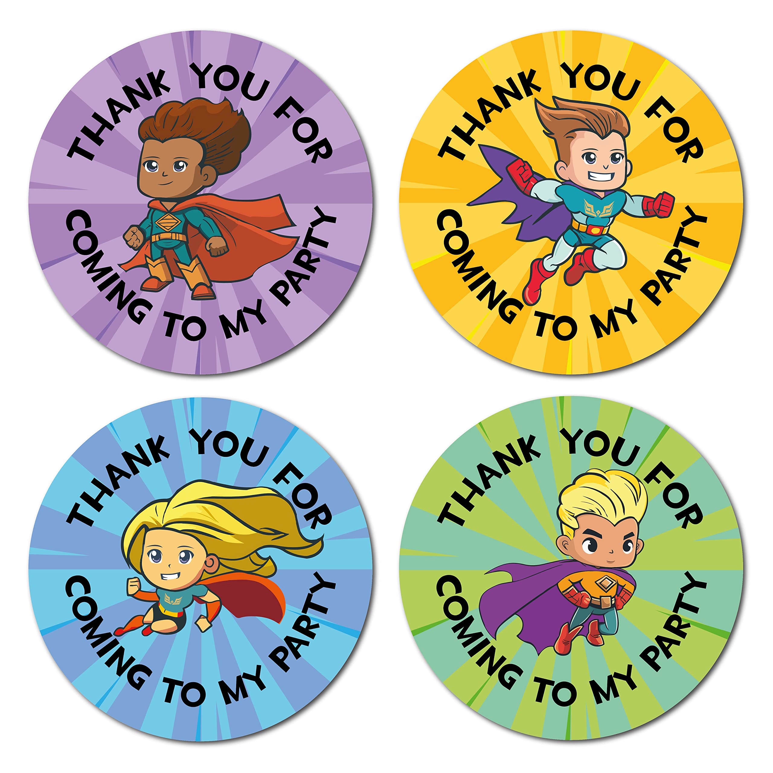 (Pack of 48) 40mm Superhero Thank You for Coming to My Party Round Stickers for Party Bags & Sweet Cone