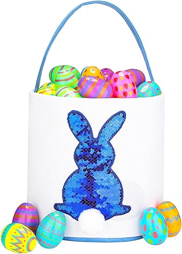 Cestas de Pascua para niños Cestas de caza de huevos de Pascua para niños y niñas, bonita cesta de regalo de lona impresa de conejo de lentejuelas