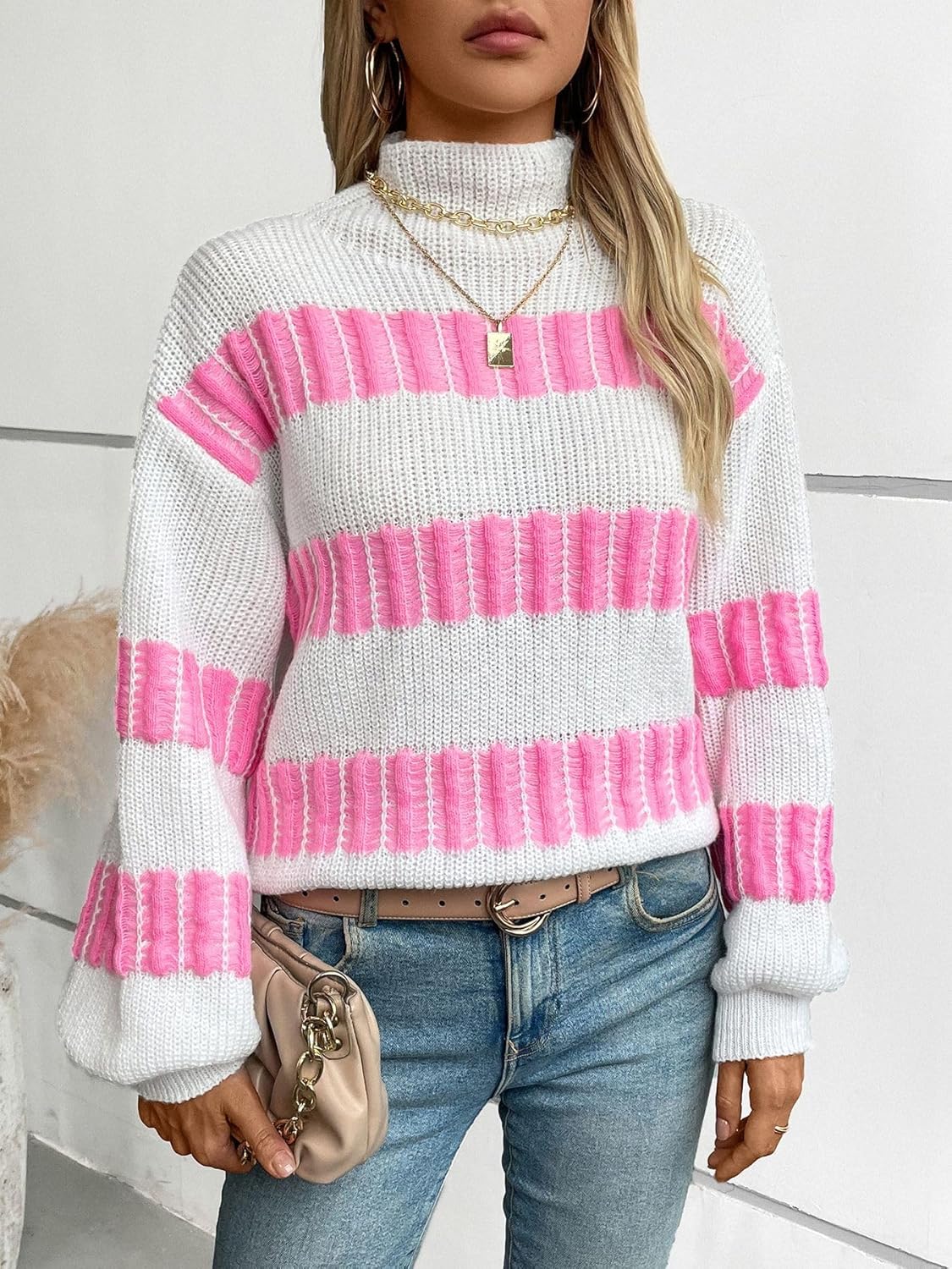 PDLCVD Striped Sweater for Women Long Puff Sleeve Color Block Turtleneck Knit Pullover Sweater White - Image 4