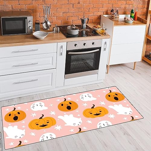 Miniatura 4 de Alfombra de cocina antideslizante con diseño de fantasmas rosados y calabazas, tapete de cocina, tapete para decoración del hogar, 39 x 20 pulgadas
