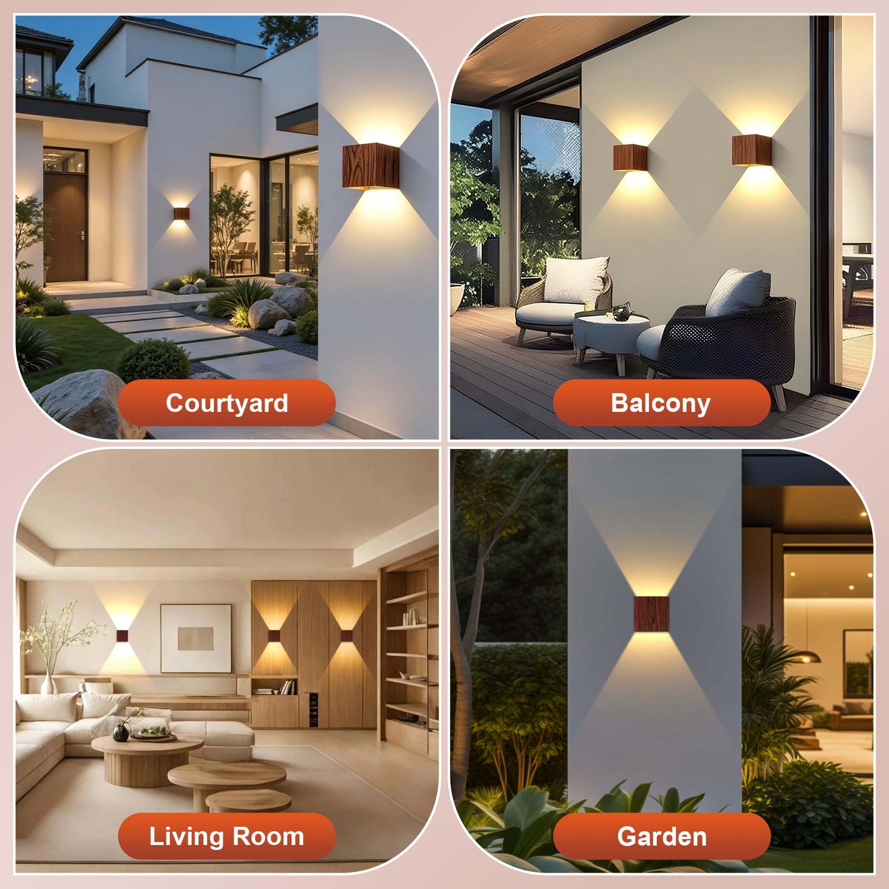 CANMEIJIA Aplique Pared Exterior Efecto Madera de Nogal 12W 3000K IP65 2 P | Lámpara de pared con deflectores internos que permiten regular el haz de luz desde 20 hasta 150 grados fácilmente