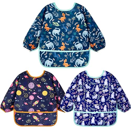 Miniatura 10 de Lictin Paquete de 3 Baberos para Bebé, Babero de Manga Larga Lindo, Baberos Impermeables para Niños Pequeños, Babero Ajustable con Cierre para Bebé