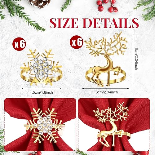 Miniatura 9 de Juego de 24 servilletas y anillos de Navidad, 12 servilletas de Navidad lavables de color rojo y 12 servilleteros de Navidad para cenas navideñas