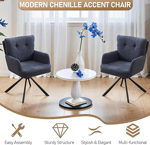 Miniatura 7 de Juego de 2 sillas de comedor de tela, modernas, tapizadas, giratorias, cómodas sillas de comedor con respaldo medio, sillón de escritorio sin ruedas