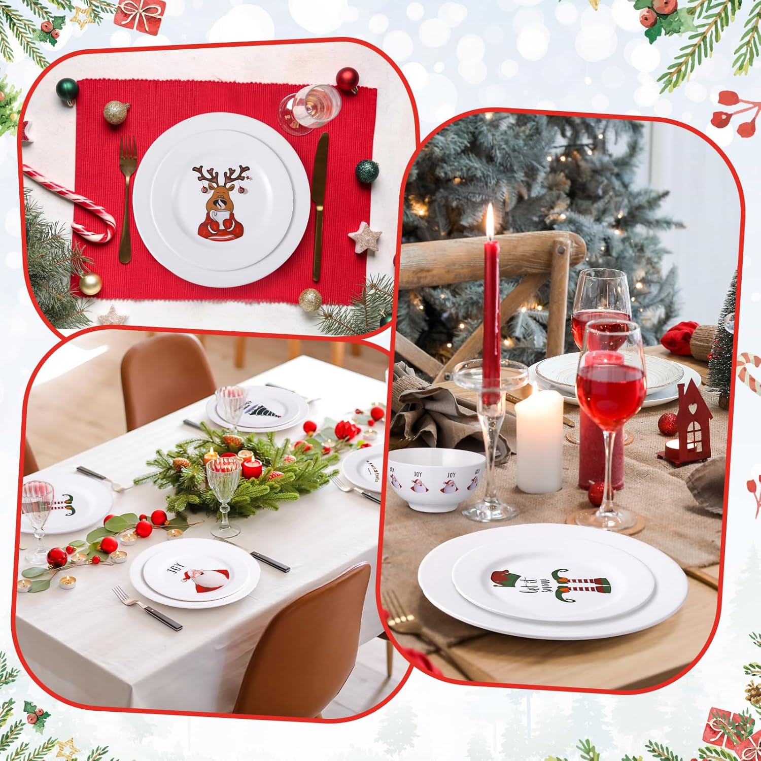 24 Pcs Christmas Melamine Dinnerware Set Service for 8 Guest, 10" Dinner Plates, 8" Salad Plates, 3"×6" Bowl, Santa Snowman Reindeer Xmas Tree, Festive Holiday Tableware for Family Party Gift