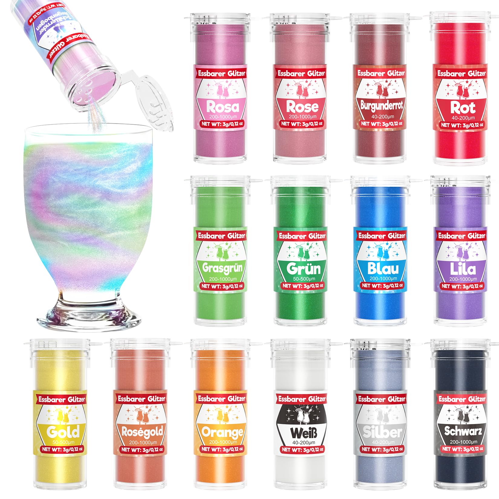 Essbarer Glitzer für Getränke & Torten - 15 Farben Lebensmittelfarbe Pulver (3g/Farbe) | Glitzer Essbar Ohne Geschmacksveränderung | Ideal für Cocktails, Kuchen, Desserts & Backdekoration
