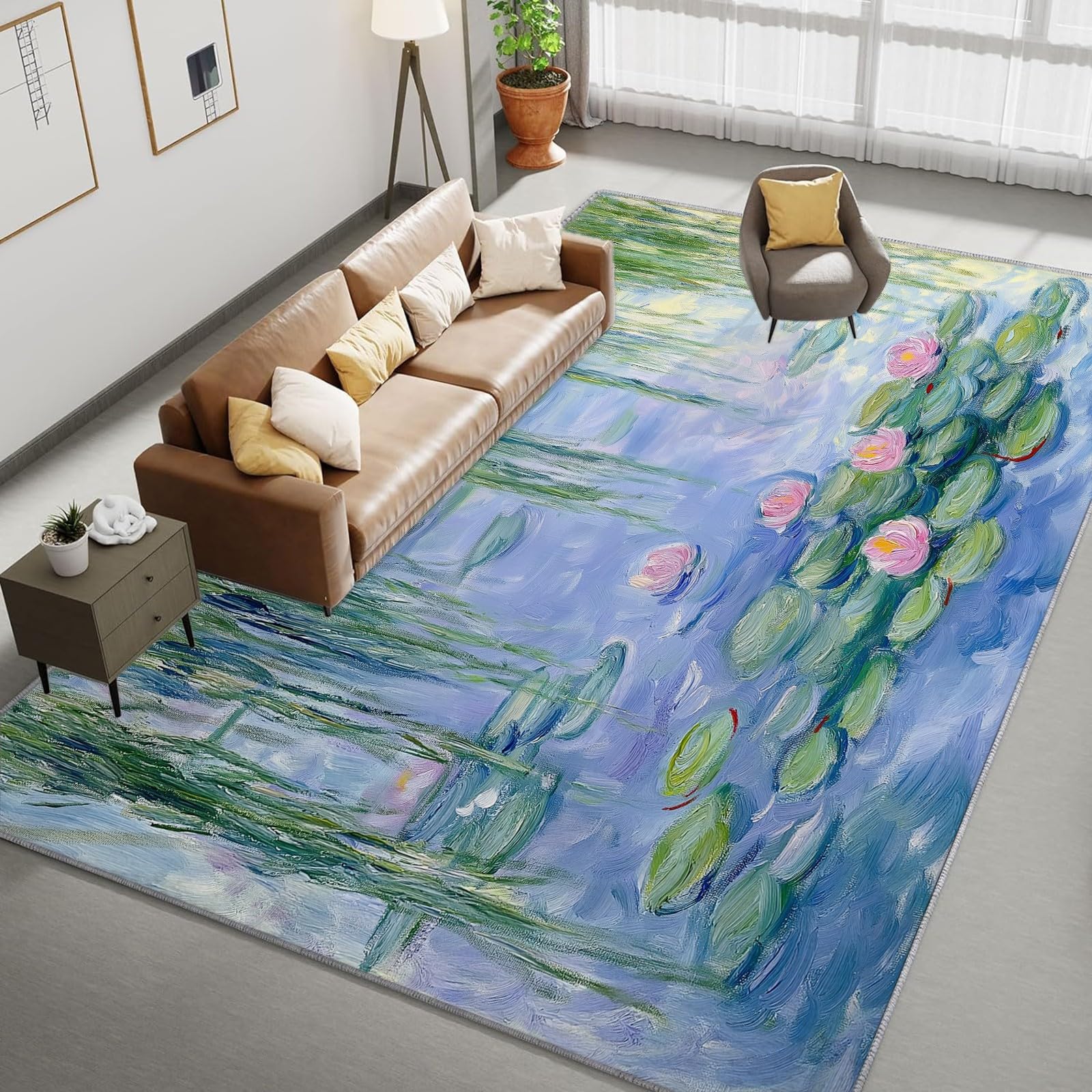 Tappeto verde con ninfee e laghetto, 160 x 230 cm, a pelo corto, moderno, per soggiorno e camera da letto, con retro antiscivolo, lavabile in lavatrice