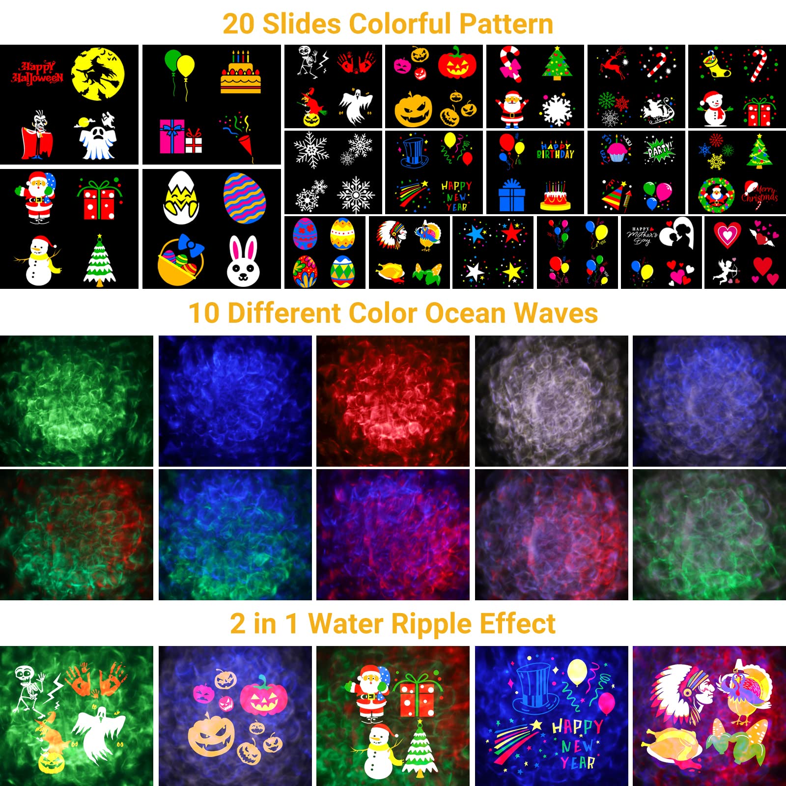 Christmas Holiday LED Projector Lights,Waterproof 3D Ocean Wave & 20 Patterns Double Projection Light with Remote for Birthday Party Garden Decorations
