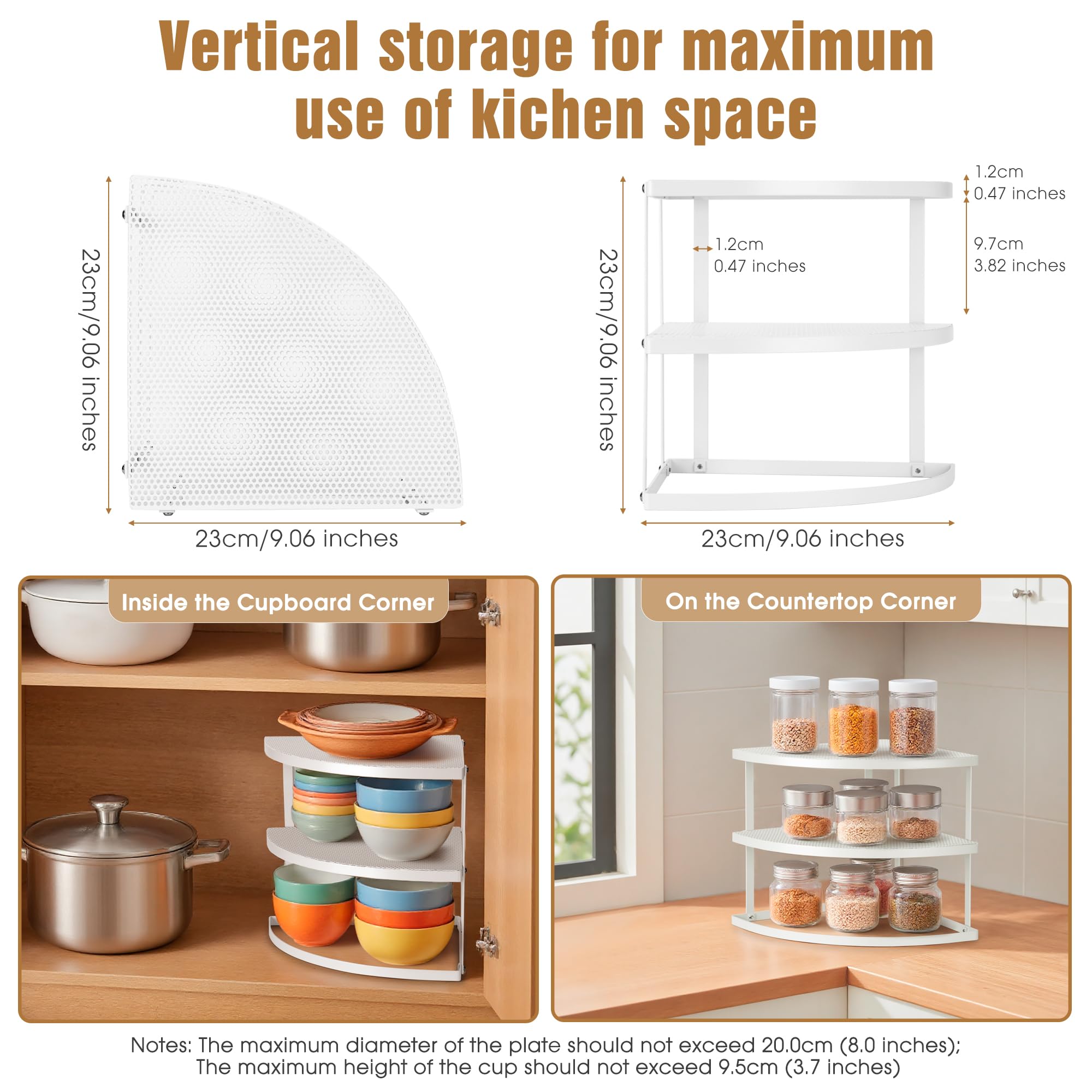 ROFAY 3 Tier Metal Corner Dish Organizer for Kitchen Counter and Cabinet, Corner Shelf for Dishes, Plates, Pantry and Bathroom Storage, White — view 5