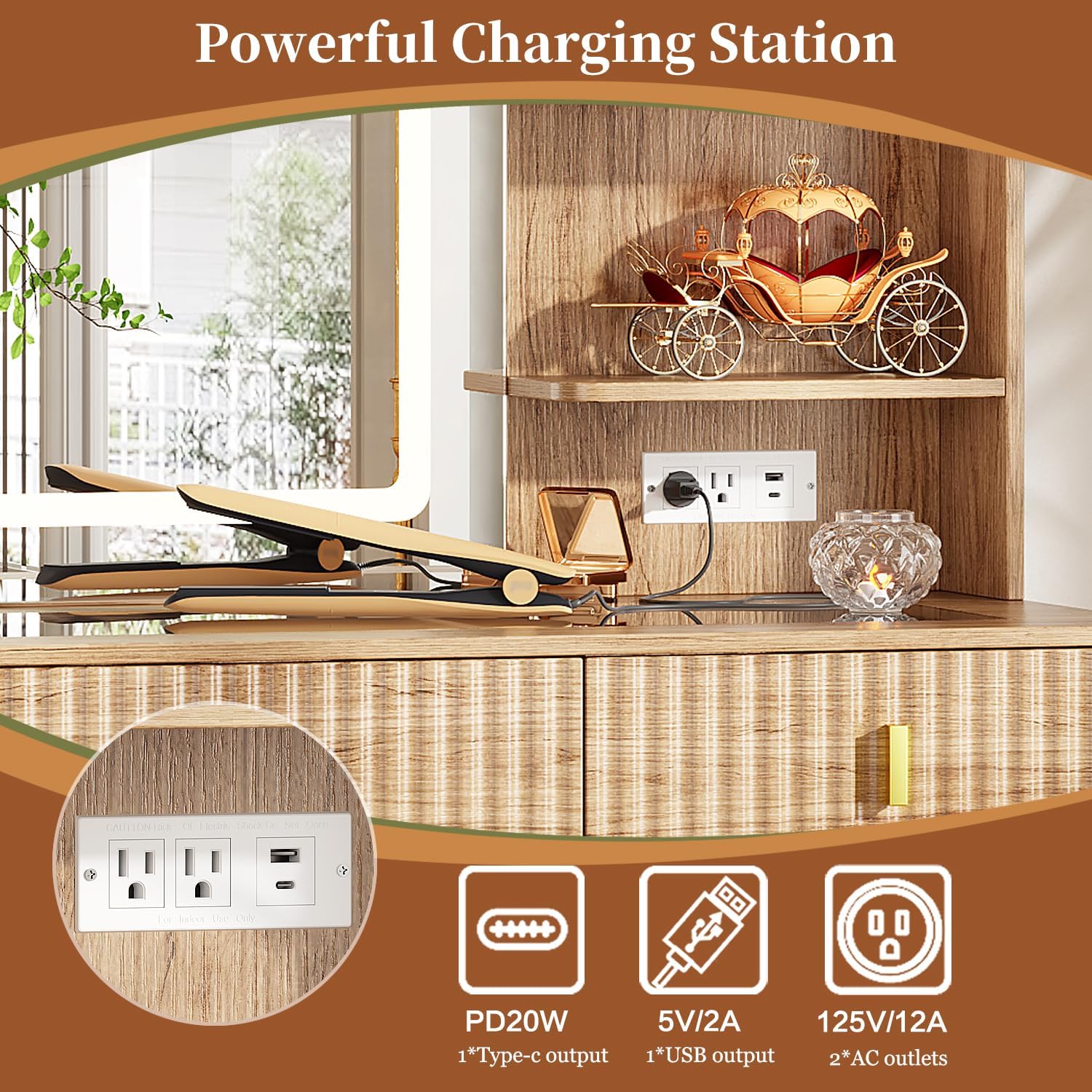 Large Makeup Vanity Desk with Mirror and Lights, Vanity Desk with 6 Drawers & Storage Shelves, Vanity Table with Power Outlet, 3 Color Modes & Adjustable Brightness Dressing Table, Bedroom,Wood