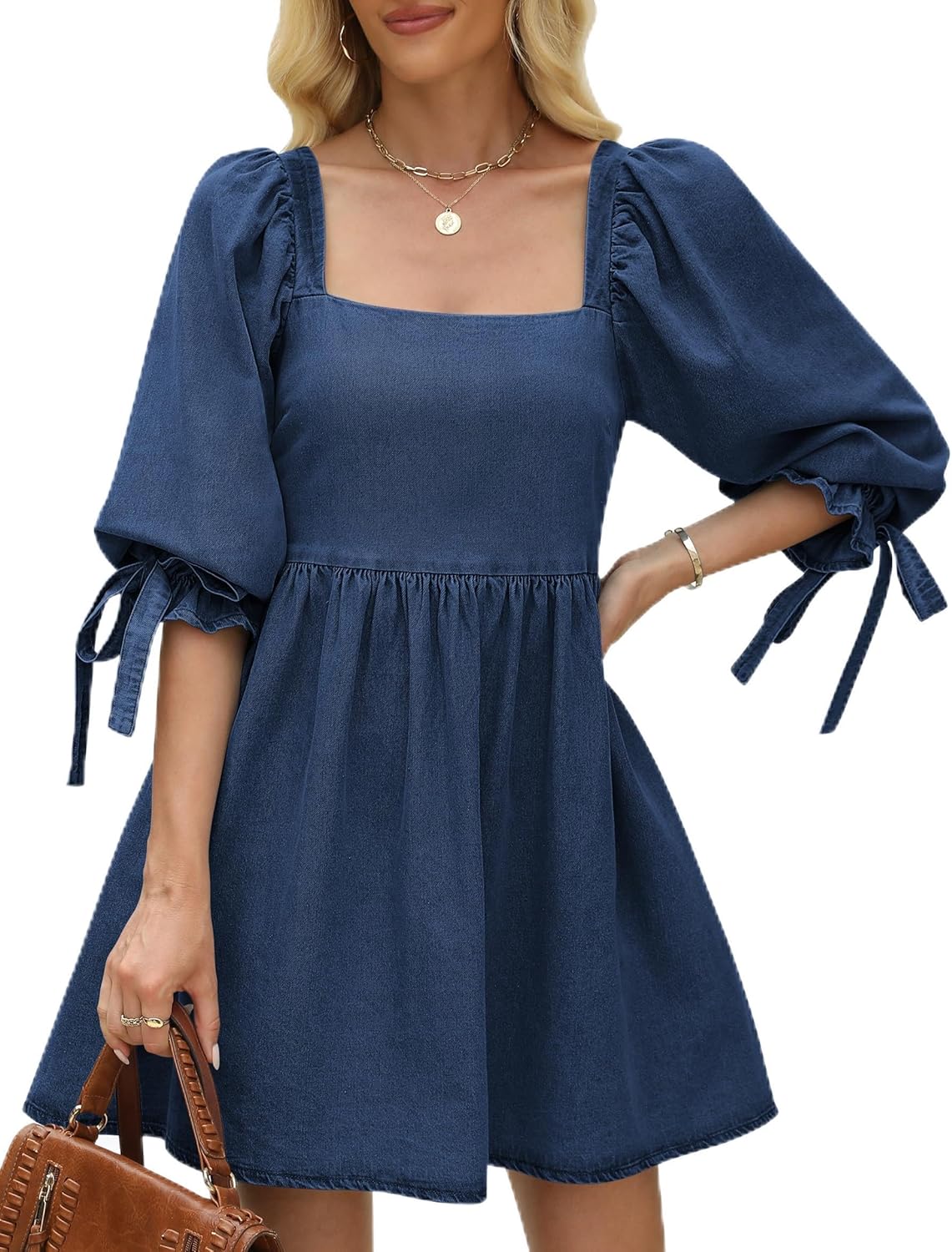 Denim Dress for Women Square Neck Jean Dress Puff Sleeve Babydoll Casual Denim Romper Outfit with Pockets