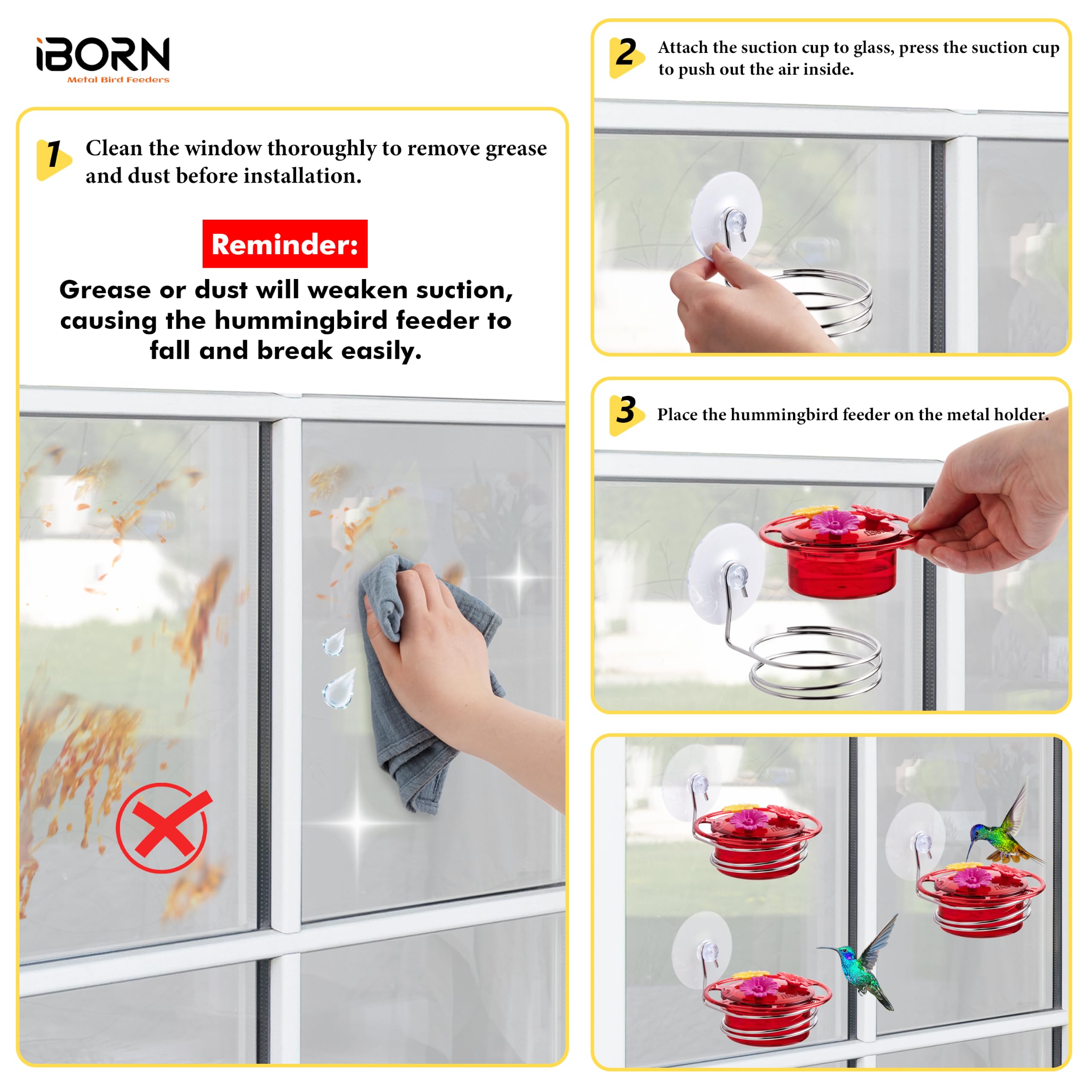 iBorn Mangiatoia per colibrì da finestra, mini mangiatoia per colibrì per esterni, 85 g, con forte ventosa, 3 porte di alimentazione e base in acciaio inossidabile, set da 3