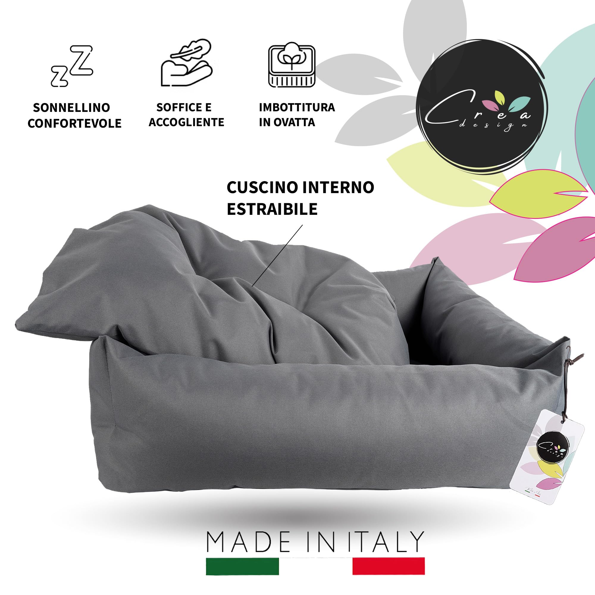 Crea Bed - Cuccia lettino per cani idrorepellente resistente ai graffi, realizzata a mano in Italia. Cuscino per Cane tessuto robusto per l'uso interno ed esterno.S/M | 70 x 55 cm, GRIGIO